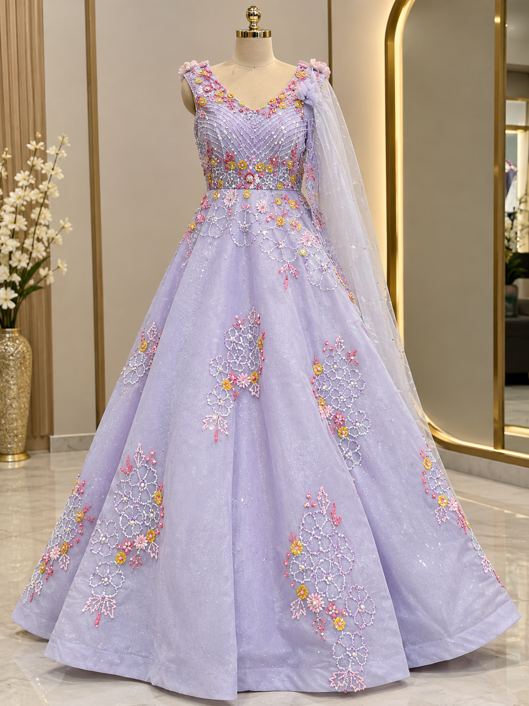 Floral Embellished Gown with Cape