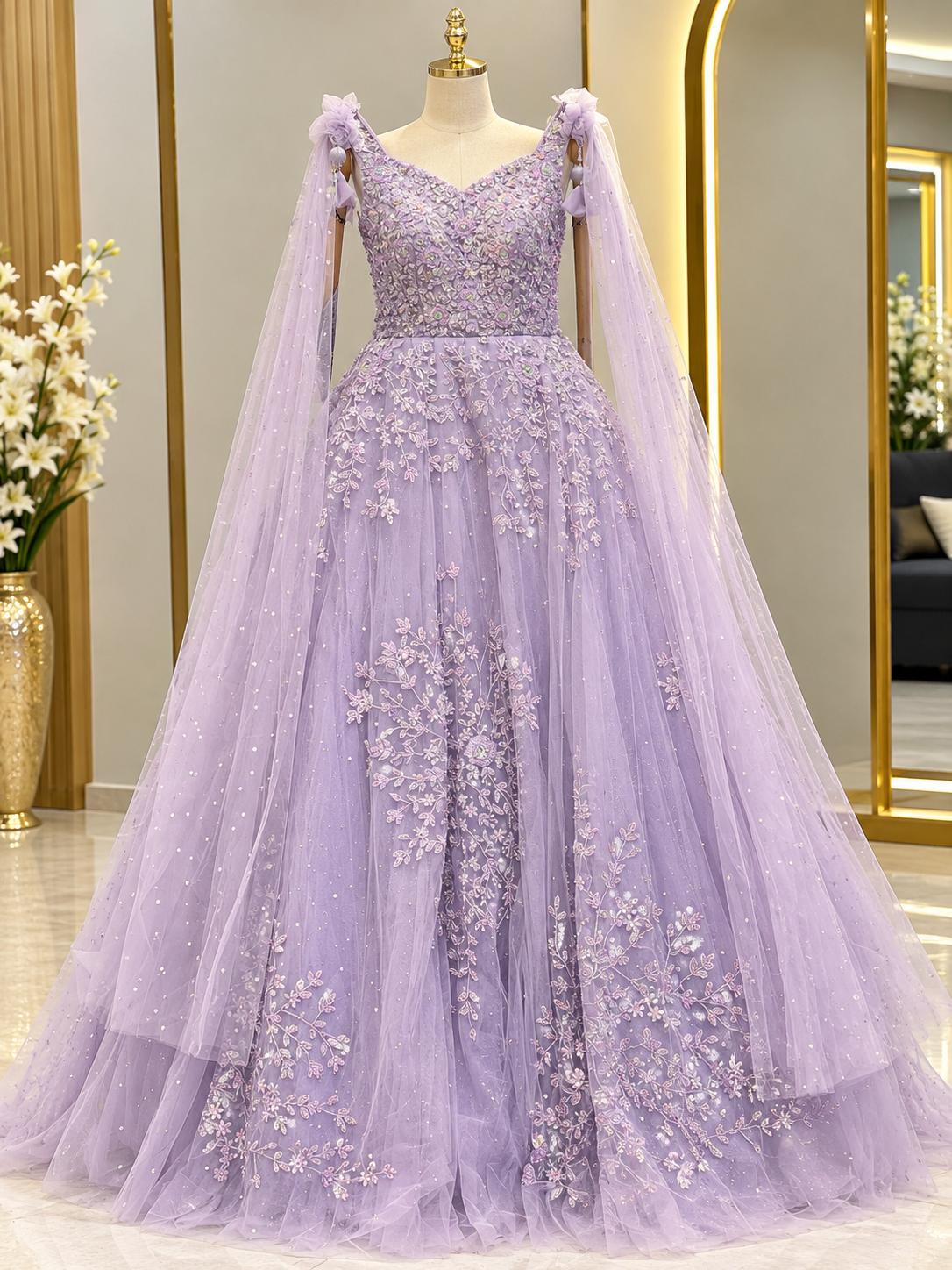 Floral Embroidered Tulle Gown with Cape