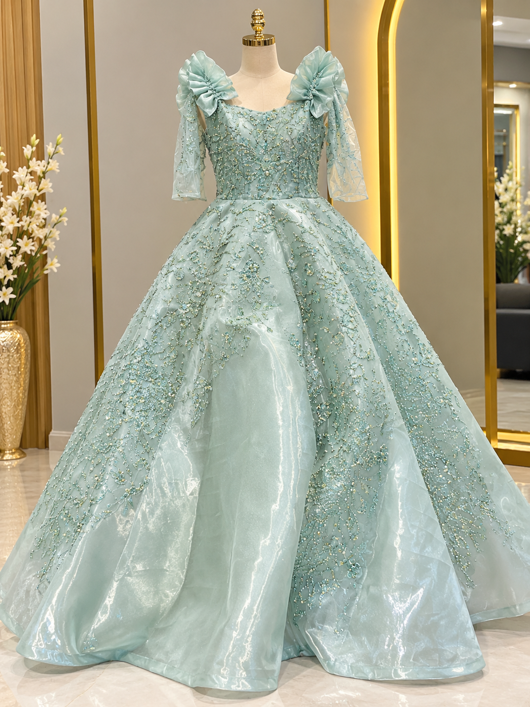 Embroidered Floral Gown with Ruffle Sleeves