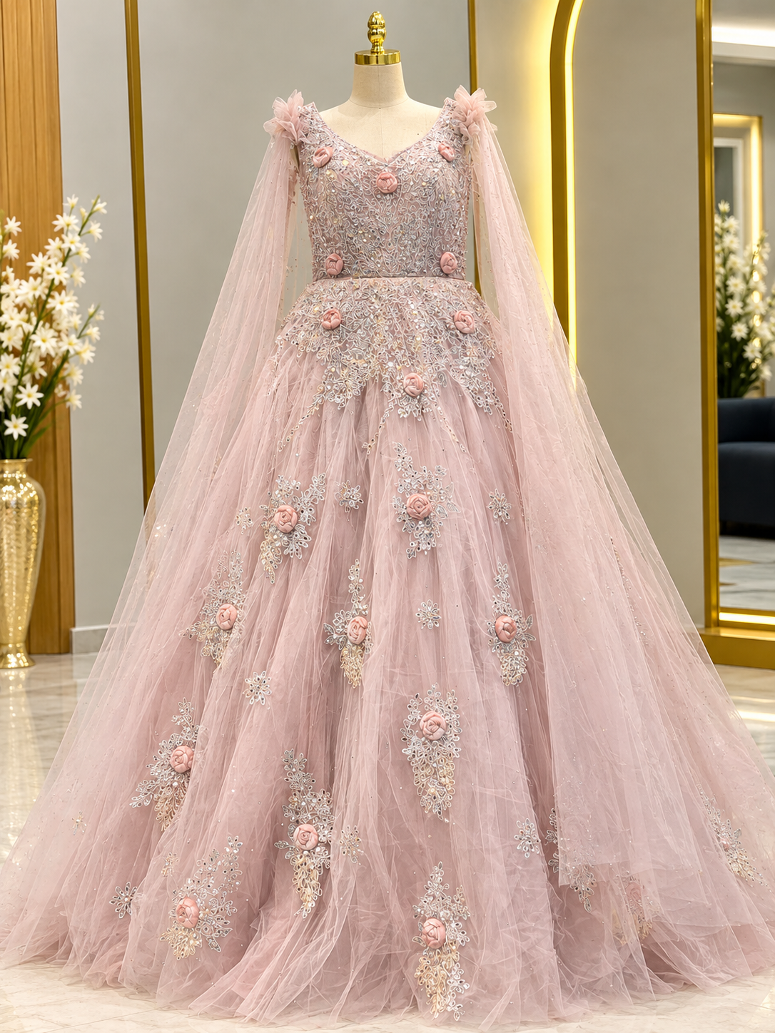 Floral Embellished Tulle Gown