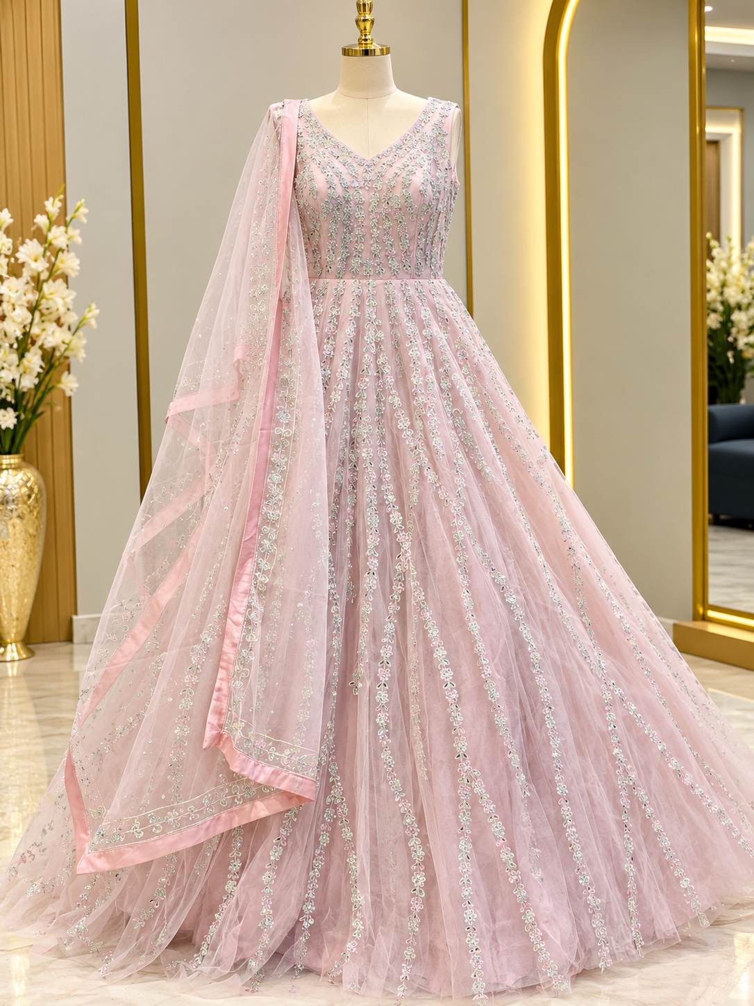 Embroidered Tulle Anarkali Gown with Dupatta
