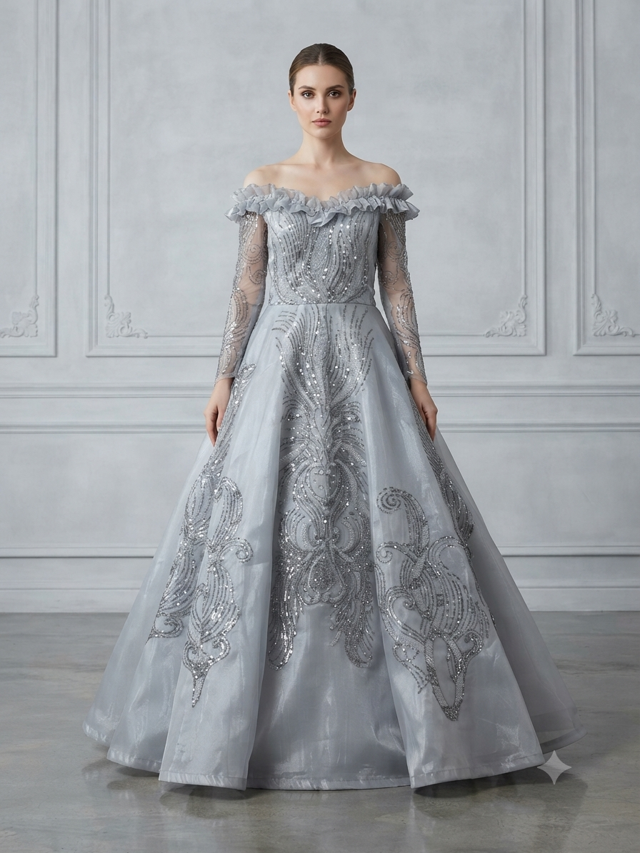 Off-Shoulder Sequin Embellished Gown