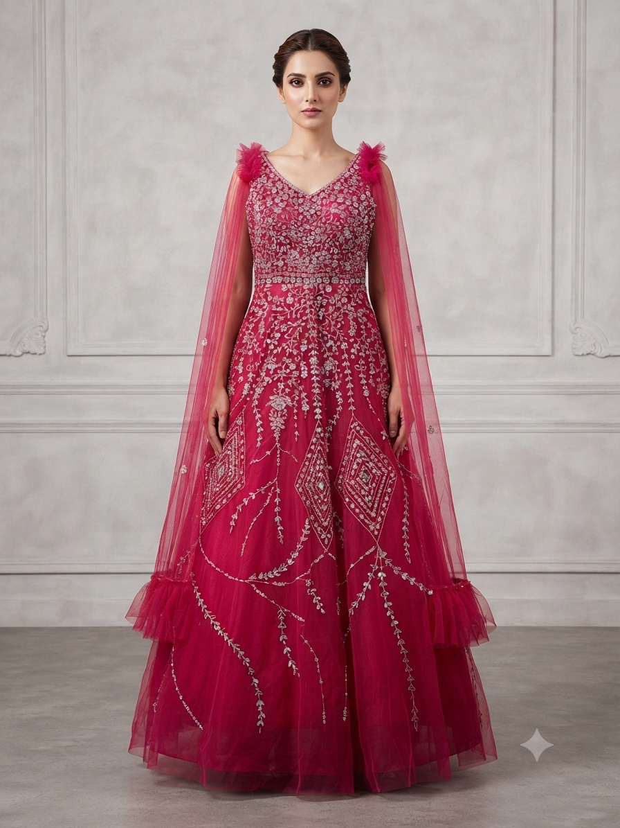 Embroidered Anarkali Gown with Tulle Dupatta