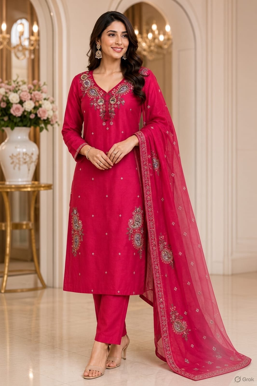 Embroidered Kurta with Churidar and Dupatta Set