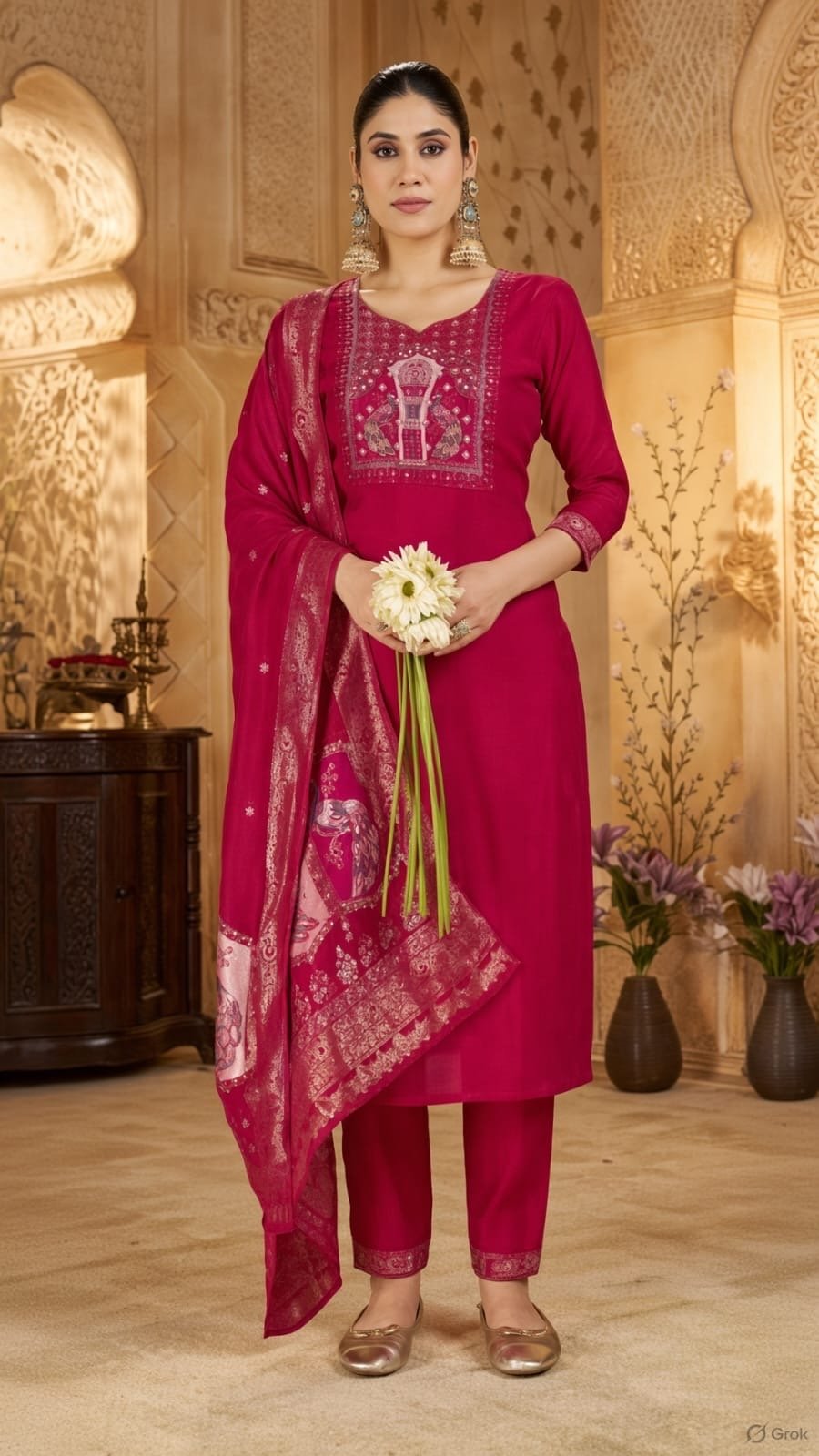 Embroidered Straight Kurta with Churidar and Dupatta Set