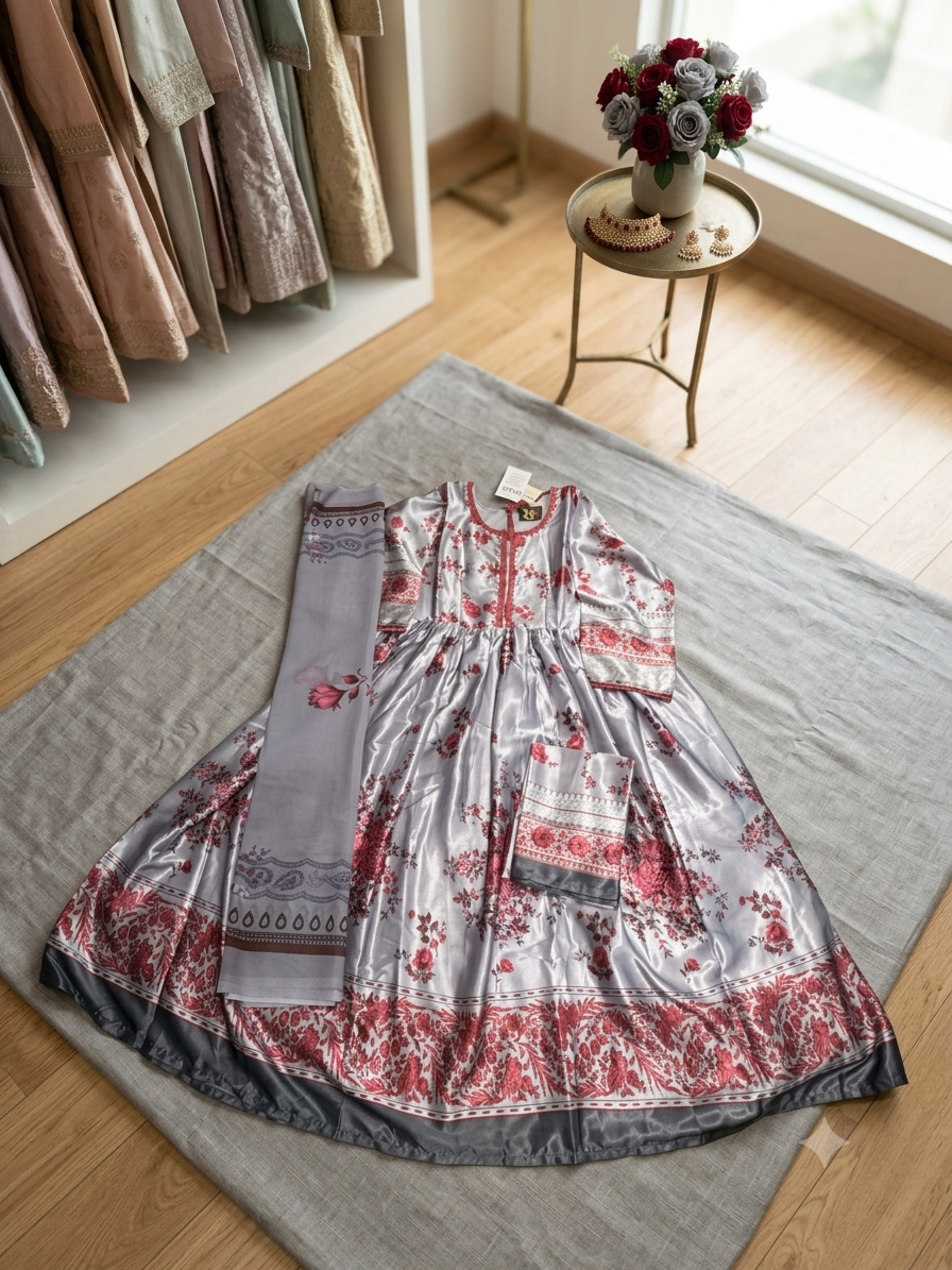 FLORAL PRINT HEAVY SATTAN FROK SUIT