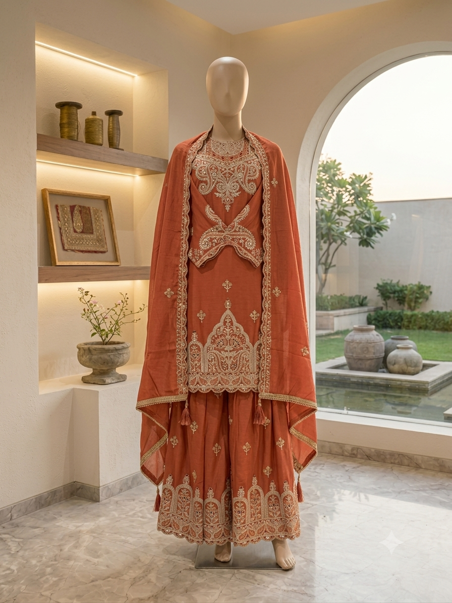Embroidered Chinnon Kurta Set with flapper