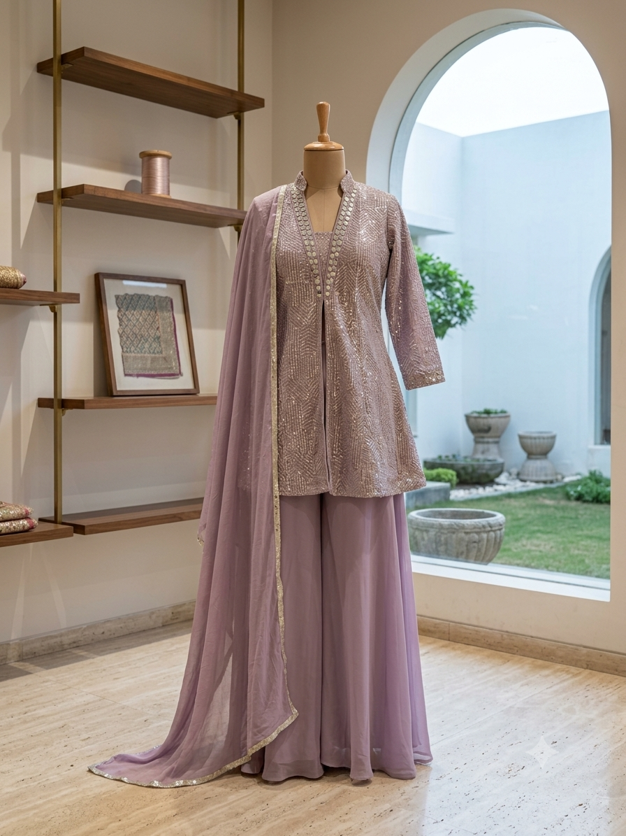 Embroidered Kurta with Palazzo and Dupatta Set