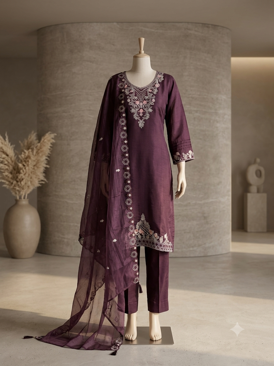 Embroidered  PAKISTANI Kurta with Churidar and Dupatta Set