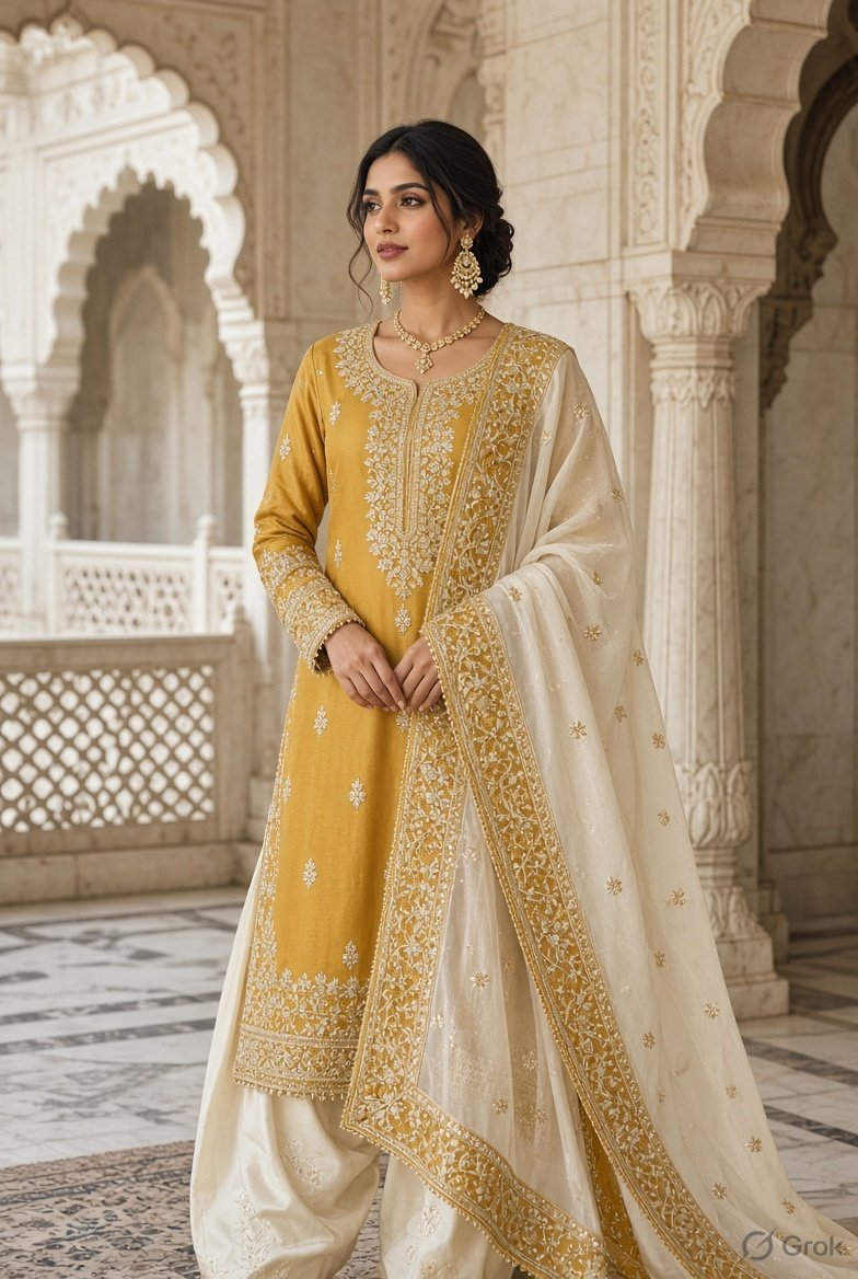 Embroidered Kurta with Churidar and Dupatta Set