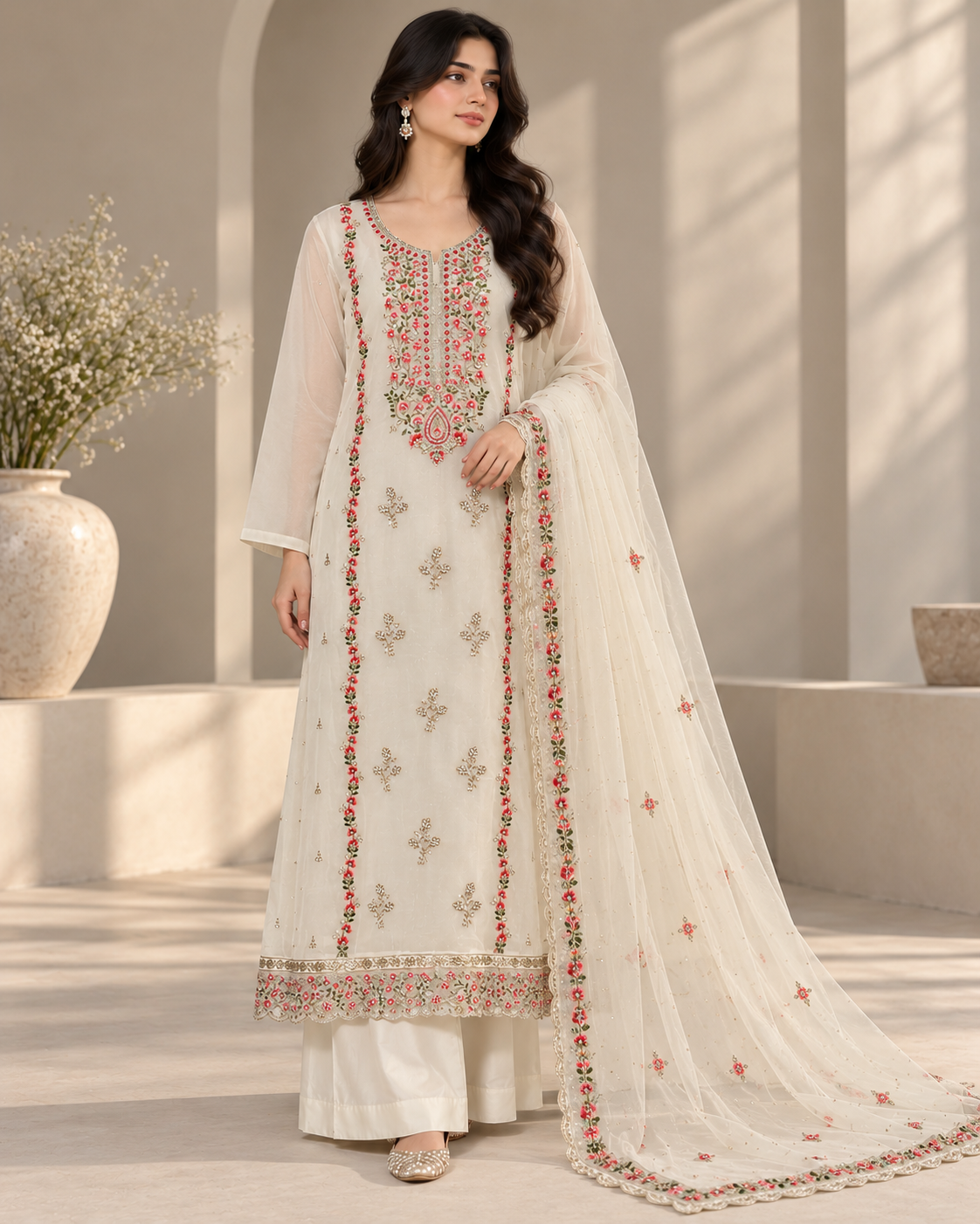 Embroidered Chiffon Kurta Set with Dupatta